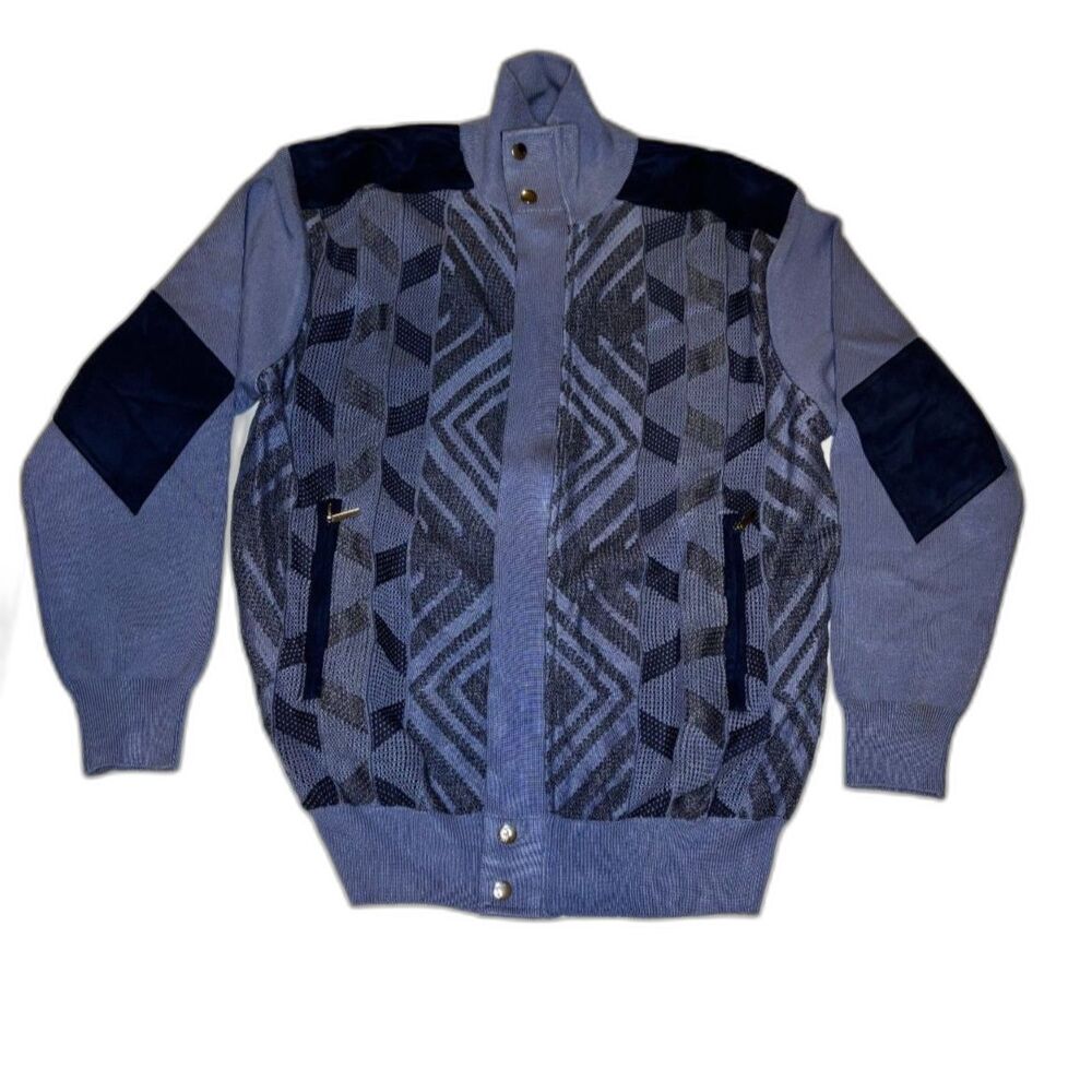 Stacy Adams Mens Cable Knit Blue Front Sweater Geo Pattern Womens Designer